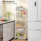6 Tier Slim Storage Cart, Narrow Cart with Wheels, Metal Mobile Shelving Unit Organizer for Bathroom, Kitchen, Laundry Room, Living Room & Narrow Spaces, White, 6in(W)