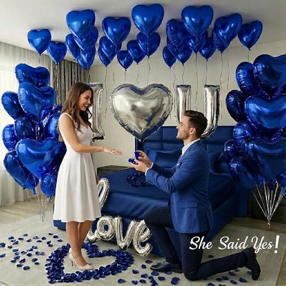 I Love You Romantic Balloon Kit Royal Blue & Silver Heart Mylar Balloons - Image 2