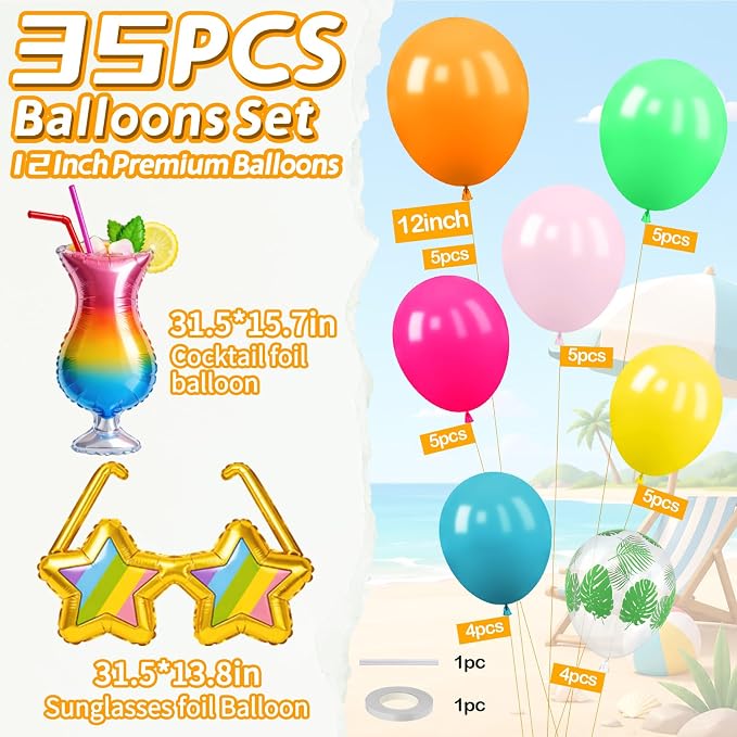 Hawaiian Balloons, 12 Inch Colorful Tropical Balloons - Image 2