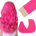 GOO GOO Tape in Hair Extensions Human Hair, Pink, 16inch 25g 10pcs, Colored Tape ins Human Hair Extensions, Silky&Soft Invisible Tape Ins, Hair Highlighted for Party