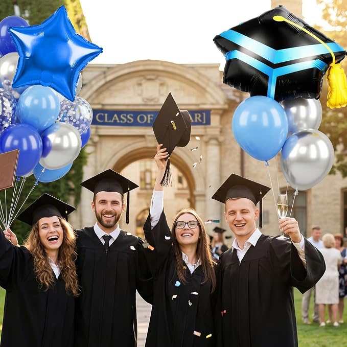 Blue Silver Graduation Balloons, Royal Light Blue Silver White Confetti Balloons - Image 5