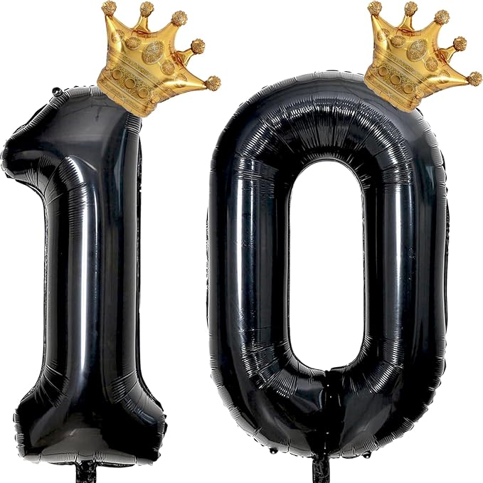 Black 10 Balloon Number with Gold Crown Balloons 40 inch 10 Birthday Balloon by Unknown