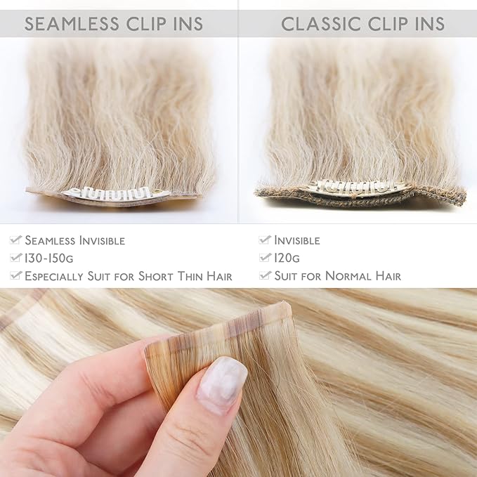 WENNALIFE Seamless Clip In Hair Extensions, 20 Inch 150g 7pcs Dirty Blonde Highlighted Bleach Blonde Hair Extensions Clip in Human Hair Invisible PU Skin Weft Natural Remy Human Hair Extensions