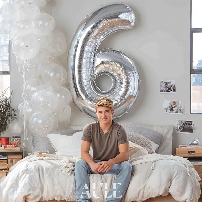 AULE 40 Inch Silver 6 Balloon Number Foil 0-9 Birthday Big Numbers | Birthday - Image 2