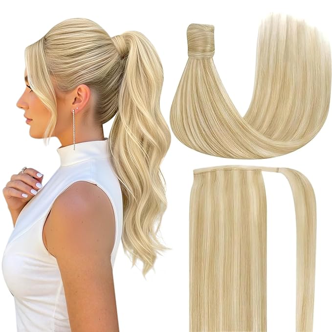Ve Sunny Hair Extensions Ponytail Real Human Hair Wrap Around Clip in Ponytail Hair Extensions Straight Extensions Human Hair for Women Strawberry Honey Blonde Highlights Bleach Blonde 16inch 80G