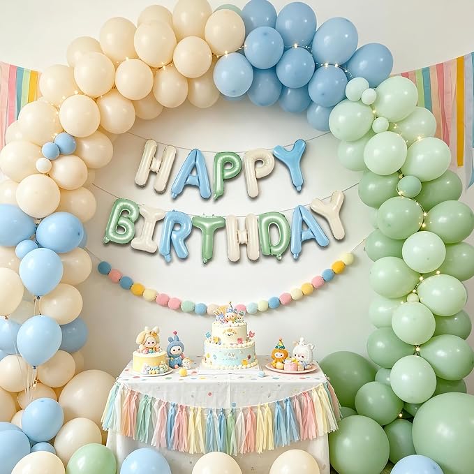 TONIFUL 16 Inch Sage Green Cream Blue Happy Birthday Balloons Banner Decor | - Image 5