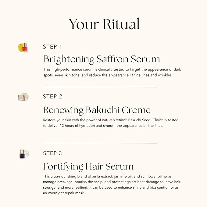 RANAVAT Royal Trio Travel Size Gift Set - Set Includes Brightening Saffron Face Serum, Renewing Bakuchi Face Cream & Fortifying Hair Serum - Clinically Tested Vegan Skincare & Haircare (3 Count)