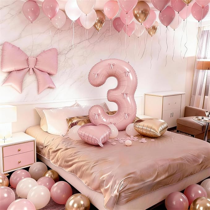 Baby Pink Number 3 Balloon, Dusty Light Pink Gold Cream Latex Balloons Girls - Image 7