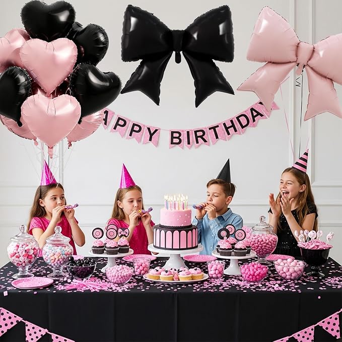 Vuzvuv Pink Black Bow Heart Balloons Set, Anniversary, Bridal Shower, Girls - Image 4