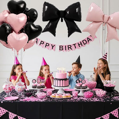 Vuzvuv Pink Black Bow Heart Balloons Set, Anniversary, Bridal Shower, Girls - Image 4