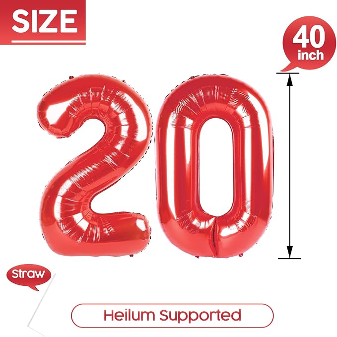 20 Balloon - Red Birthday Number Balloons, 40 Inch Decorations Men Women | Red - Image 5