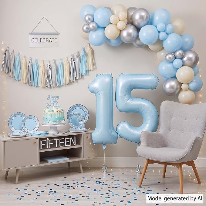 Baby Blue Number 15 Balloon 40 Inch, Foil Sky Pastel Digits Party Supplies | - Image 3