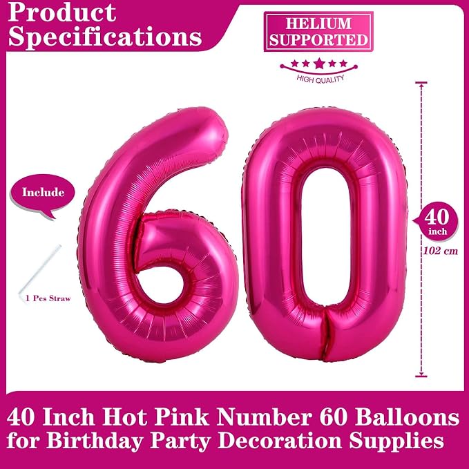 Hot Pink 60 Number Balloons, 40 Inch Giant Number 60 Balloons Foil Mylar Helium - Image 2