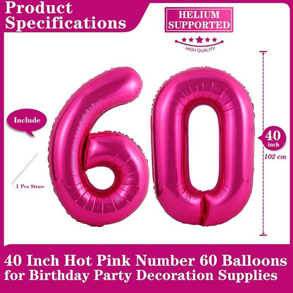 Hot Pink 60 Number Balloons, 40 Inch Giant Number 60 Balloons Foil Mylar Helium - Image 2