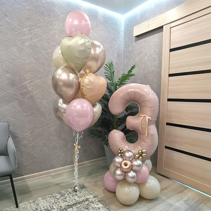 Baby Pink Number 3 Balloon, Dusty Light Pink Gold Cream Latex Balloons Girls - Image 4