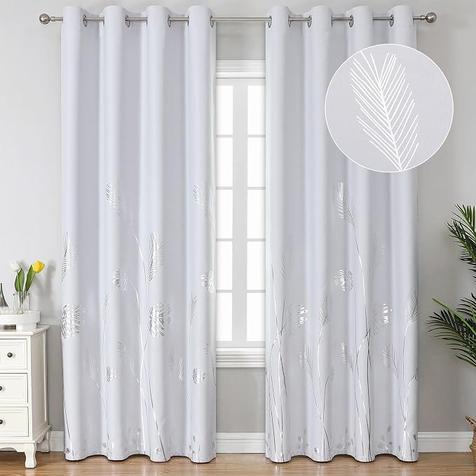 Greyish White Room Darkening Curtains 84 Inches Long Silver Palm Tree Pattern by ESTELARTEXTILER