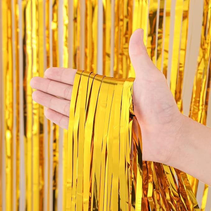 Voircoloria 3 Pack 3.3x8.2 Feet Gold Foil Fringe Backdrop Curtains, Tinsel - Image 2