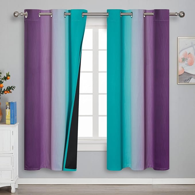 Ombre Teal and Purple Blackout Curtains 72 Inch Length 2 panels, Grommet by ESTELARTEXTILER