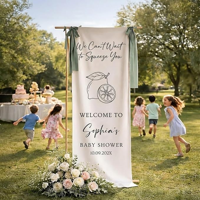 Personalized We Can't Wait to Squeeze You Baby Shower Fabric Sign Backdrop | - Image 4