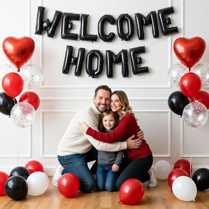 Welcome Home Balloons Black Red, 16Inch Welcome Home Foil Balloons Banner - Image 4