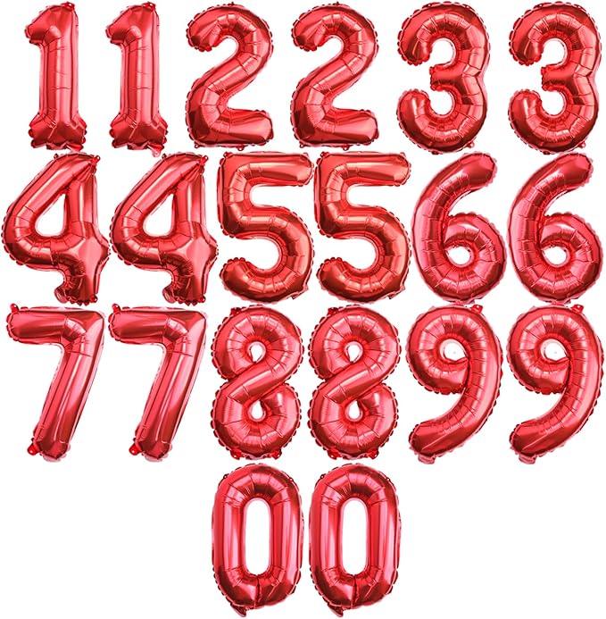 20 Pcs Red 16" Number Balloons 2 Sets 0-9 Foil Balloon Numbers Décor | Glossy by Makeyourpartypop