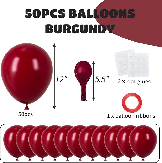 50pcs Burgundy Balloons 12 Inch, Premium Thick Matte Maroon Wine Red Latex - Image 2