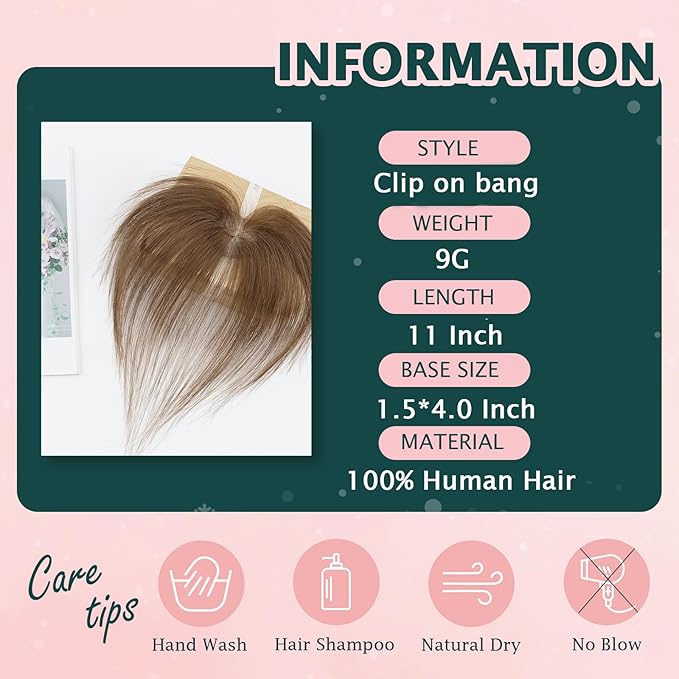 Benehair Clip on Bangs Human Hair, Front Hair Extensions for Women Hair Pieces with Temples for Daily Wear (Medium Brown)
