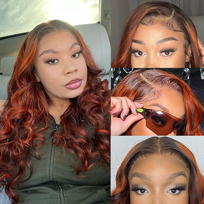 P4/350 Ginger Orange and Brown Colored Body Wave Lace Front Wigs Human Hair 13x4 Highlight HD Lace Front Wig Human Hair Pre Plucked for Black Women 180% Density Glueless Wig 32Inch
