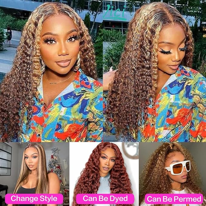 24inch Highlight Ombre Lace Front Wig Human Hair 13x6 HD Honey Blonde 4/27 Deep Wave Lace Frontal Wigs Glueless Wigs Human Hair