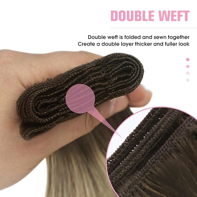 YoungSee Hair Extensions Weft Ombre Sew in Extensions Walnut Brown Ombre Light Brown with Blonde Balayage Double Weft Human Hair Extensions for Long Hair 22Inch 100G