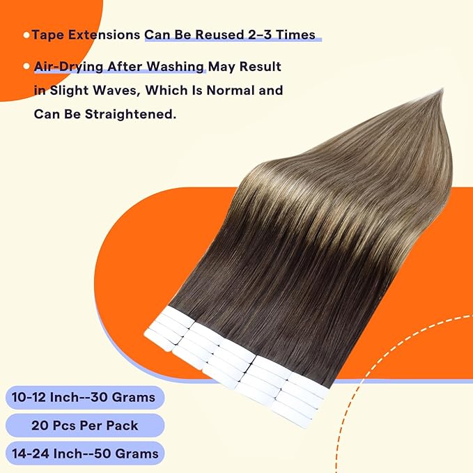Full Shine Tape in Hair Extensions 18 Inch Balayage Color 2 Darkest Brown Fading to 6 and 18 Ash Blonde Natural Double Sided Tape Ins Human Hair Extensions 50 Grams Straight Invisible Remy Hair 20PCS