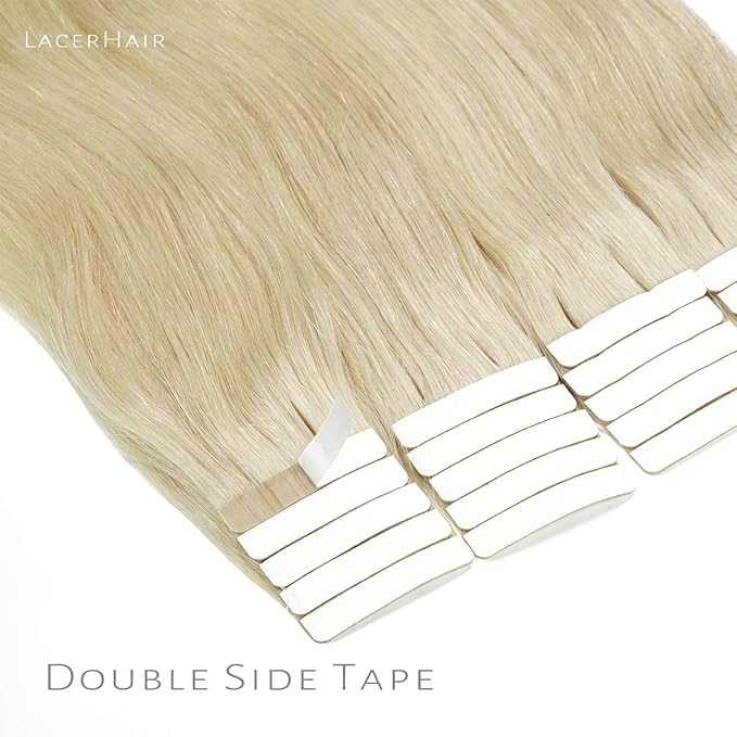Lacer Tape in Hair Extension Human Hair Natural Dip Dyed Light Platinum Blonde Invisible PU Skin Weft 100% Human Hair Extensions Tape ins Double Sided Weft 50g 20pcs/set 20 inch