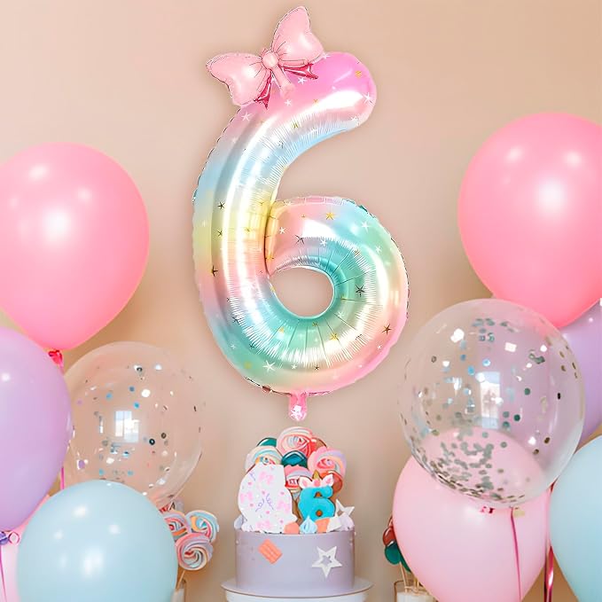 Number 6 40 Inch Rainbow Star Gradient Giant Number Balloon & Mini Bow Balloon - Image 3