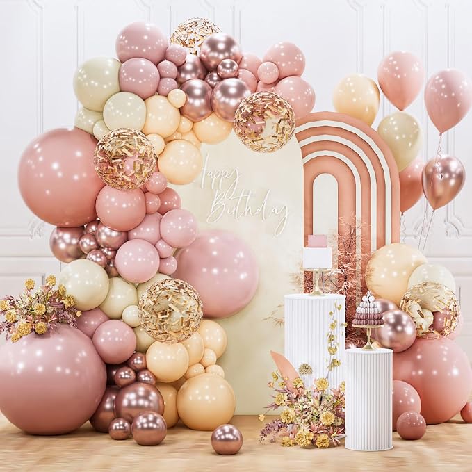 PartyWoo Dusty Pink Balloon Arch Kit 142pcs Rose and Pink Balloons | Nude White by PartyWoo