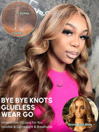 KLAIYI Bye Bye Knots Glueless Wig Highlight Blonde Body Wave Pre Cut 7x5 HD Lace Front Wigs Human Hair Pre Plucked Pre Bleached Pre Everything Wear and Go Wig 12A Ombre Brown 30S Ready To Wear 26Inch