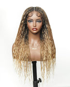 Human Hair Boho Curls Hand-Tied HD Full Lace Wig - 24" Salon-Level Small Box Synthetic Braids (121 Braids, High Density) Pre-Cut Swiss HD Lace, Pre-Plucked, Tangle-Free - 1B/27/613 Highlight
