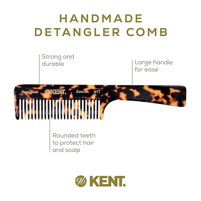 Kent 91T TY Wide Tooth Detangler Hair Comb for Women and Men -for Curly and Wavy Hair -Wet Hair Comb, Large Handle Wide Tooth Shower Comb for Effective Detangling,Saw-Cut Hand Polished made in England
