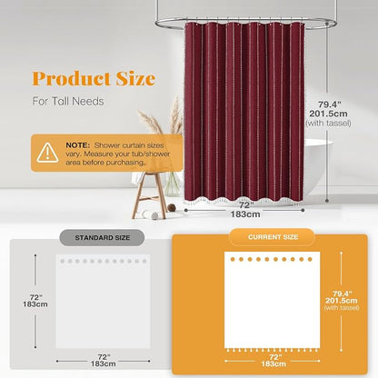 72x78 Long Boho Farmhouse Linen Heavy Duty Shower Curtain, Burgundy | Tall Size - Image 3