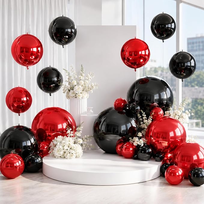 15 Pcs Black and Red Round Foil Balloons, 22/15/10 Inch 4D Ball Balloons Black - Image 7