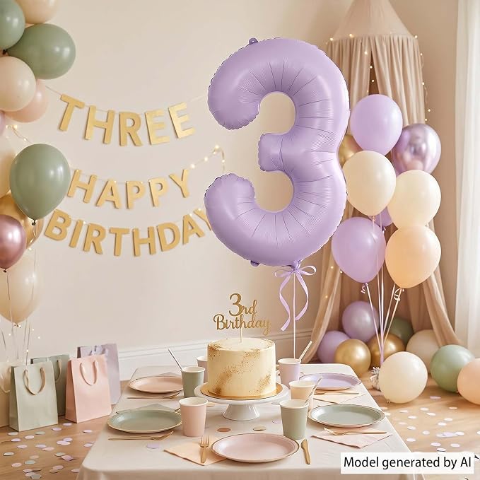Cream Purple Number 3 Balloon 40 Inch, Foil Numeral - Image 3