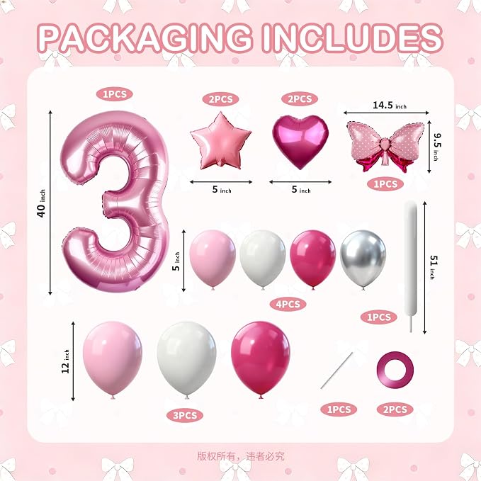40 Inch Pink Number 3 Balloon Tower Set, Pastel Number Three Foil Balloon - Image 2