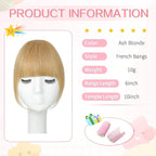Clip in Bangs 100% Real Human Hair, French Bangs Hair Clip, Fake Bang Fringe with Temples Hairpieces for Women Daily Wear (Ash Blonde, French Bangs)