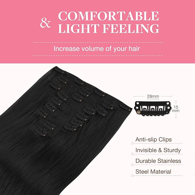 GOO GOO Clip in Hair Extensions Real Human Hair, Remy Human Hair Extensions Clip ins for Women, Natural Human Hair, 18inch 150g 9Pcs, 1 Jet black