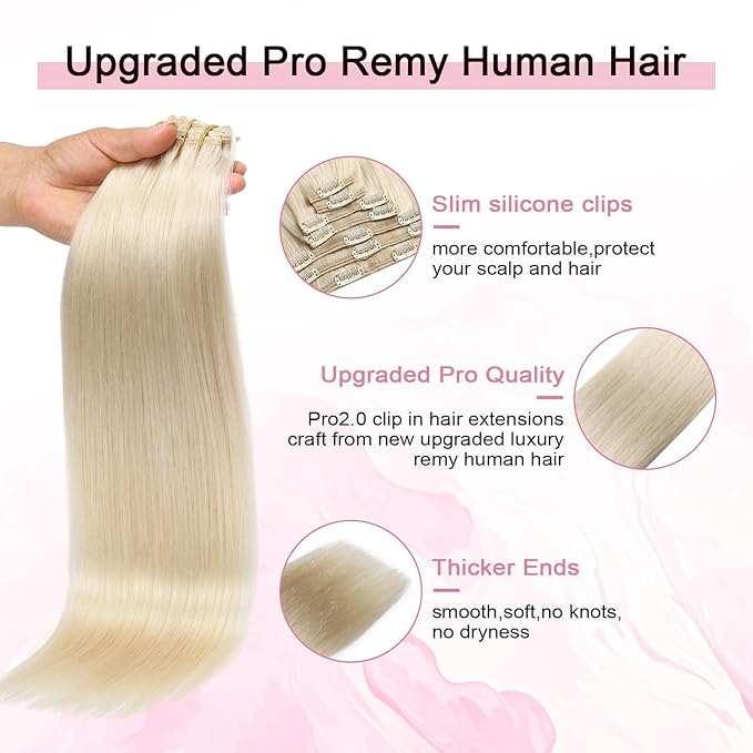 Pro2.0 Remy Clip in Extensions Real Human Hair Color #60 Platinum Blonde Remy Clip in Hair Extensions Real Human Hair 18inch 120g Thick 7pcs Seamless Double Weft for Women（#60-18inch）