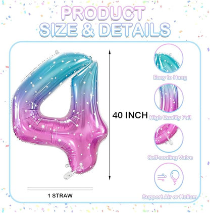 Number 4 Foil Balloon with Crown, 40-Inch Gradient | Gradient star print number - Image 2
