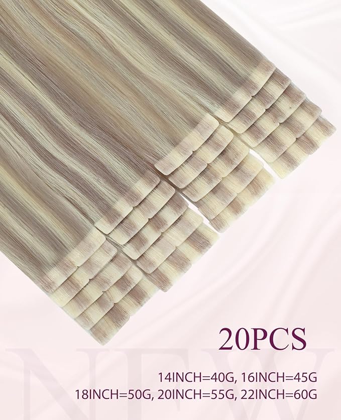 Pinkpearl Invisible Tape in Hair Extensions Human Hair, 20pcs 18inch 50g #18P60 Ash Blonde Highlighted Platinum Blonde Injection Tape in Extensions Real Remy Seamless Human Hair Injected