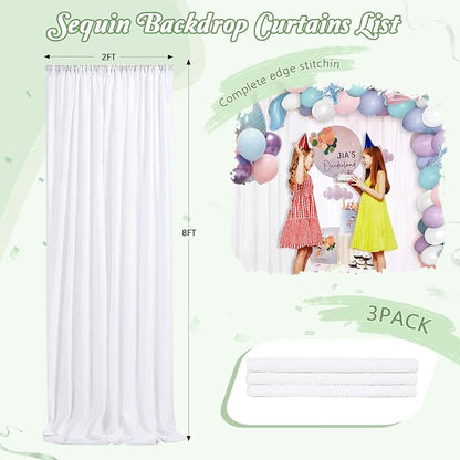 Sparkly Backdrop White Sequin Photo Backdground Curtain 3 Pack 2x8ft | Sequin - Image 5