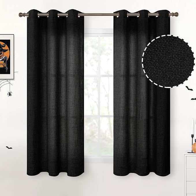 YoungsTex Short Black Linen Curtains 45 Inch Length, Light Filtering Window by YoungsTex