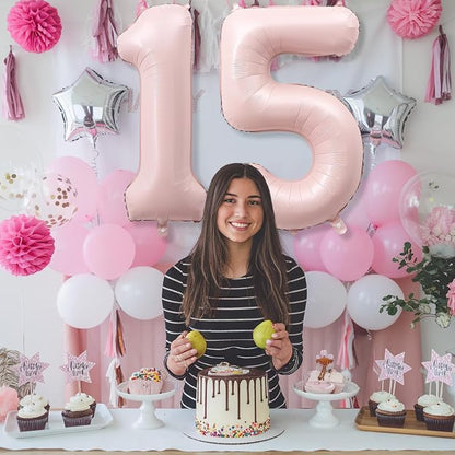 Foil 15 Balloon, Dusty Light Blush Pink Big Number 15 Balloons - Image 3