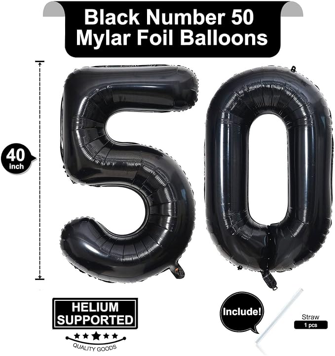 40 Inch Black 50 Number Balloons Giant Jumbo Huge 50 Foil Mylar Helium Number - Image 2